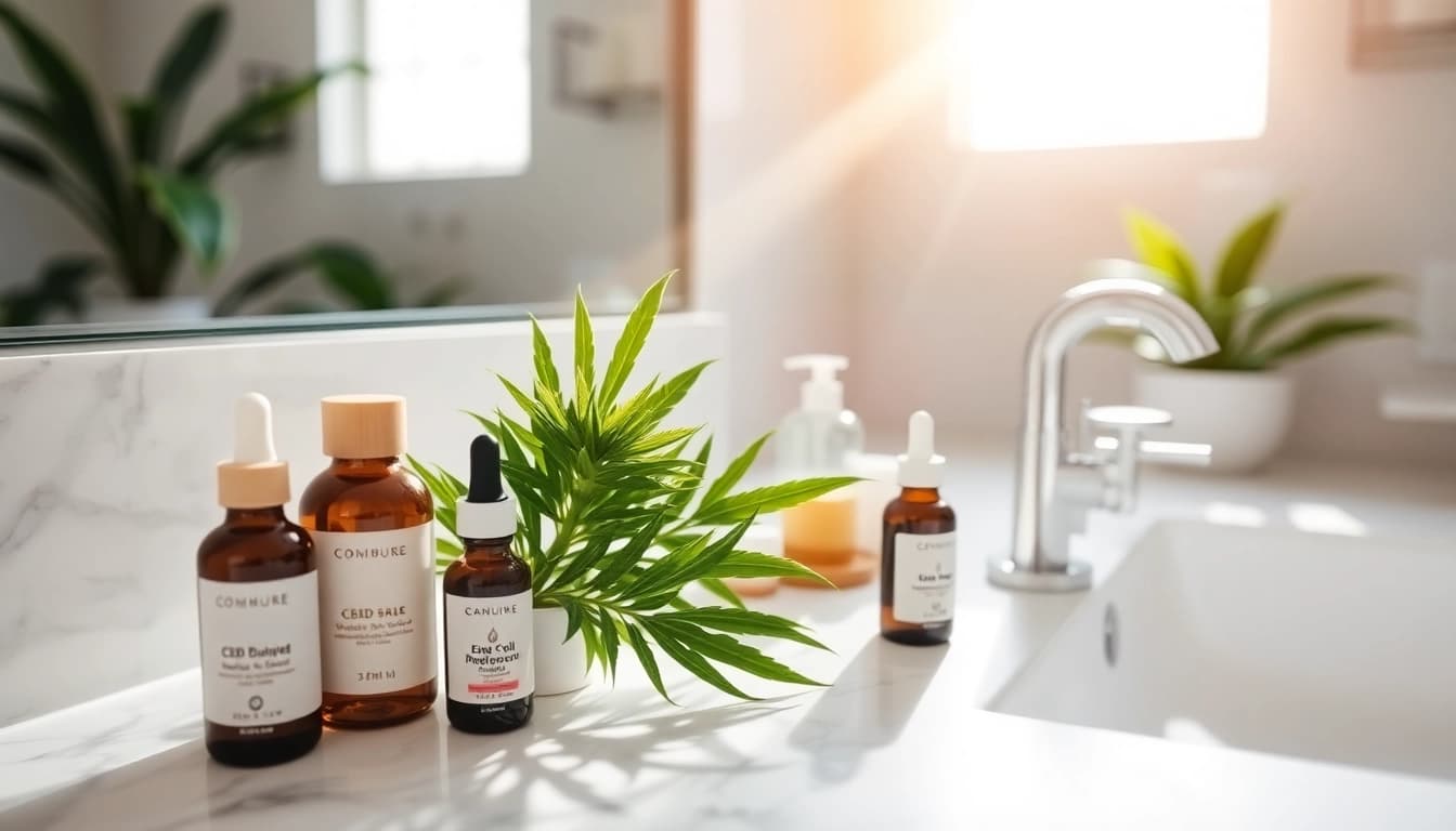Apply CBD oil for skin with natural skincare products arranged beautifully.