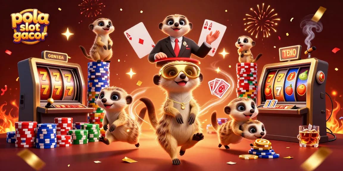 Pola slot gacor illustrated with spirited meerkats managing a vibrant casino operation amidst a festive backdrop.