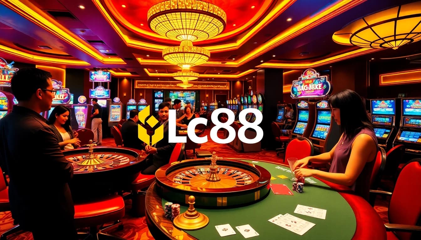 Experience the thrill of winning at Lc88 with an exciting casino scene featuring roulette and poker.