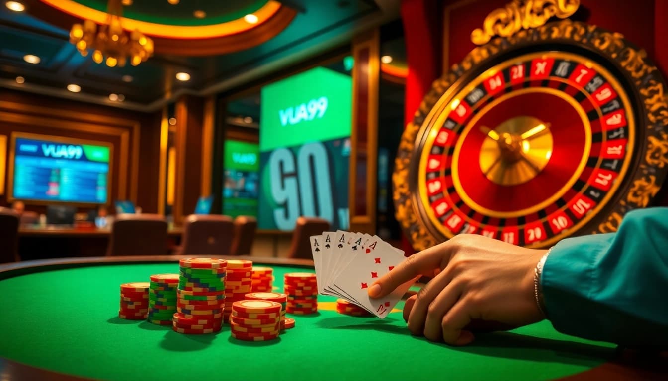 Experience strategic poker excitement at Vua99's luxurious casino tables.