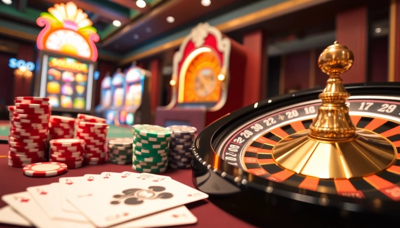 SODO66 casino overview featuring luxurious poker chips, vibrant roulette wheel, and shining slot machine