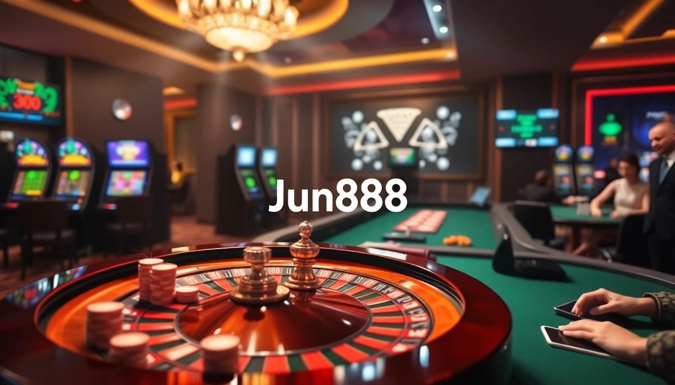Jun888 players enjoying a luxurious online casino experience with roulette and slots.