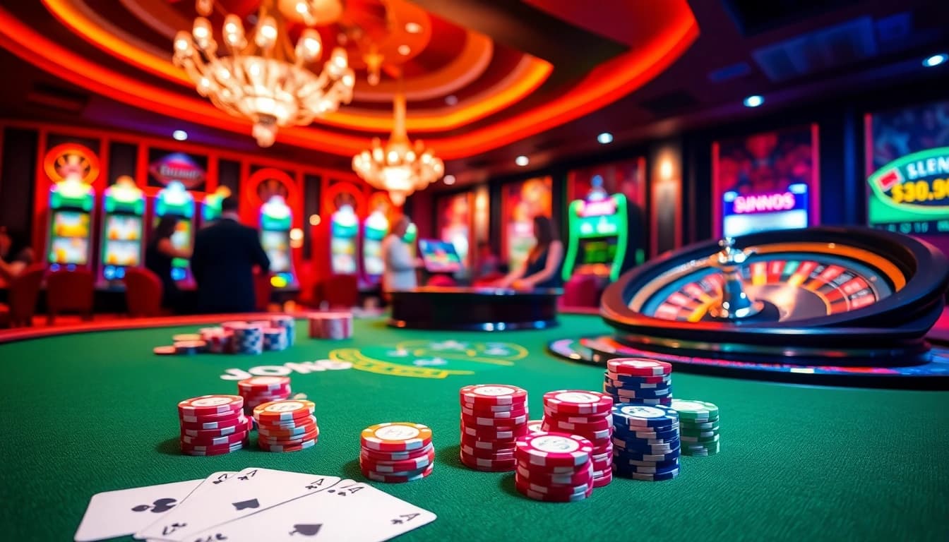 Players enjoying a thrilling gambling experience at Jun88's luxury casino table with vibrant chips and cards.