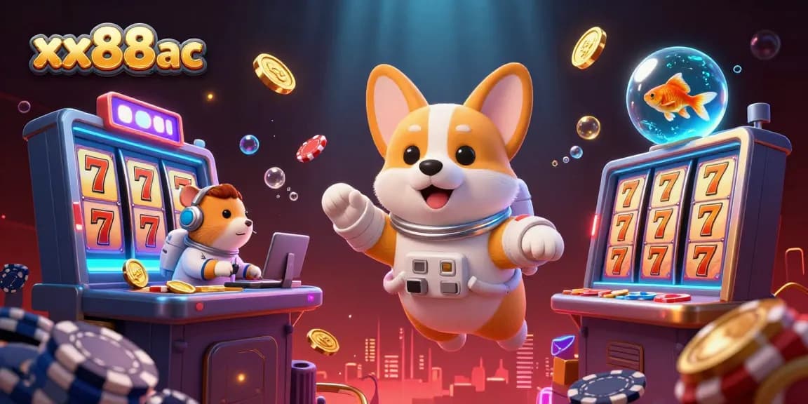 Experience the thrill of gaming at xx88 ac with a floating 3D casino scene featuring vibrant characters and elements.