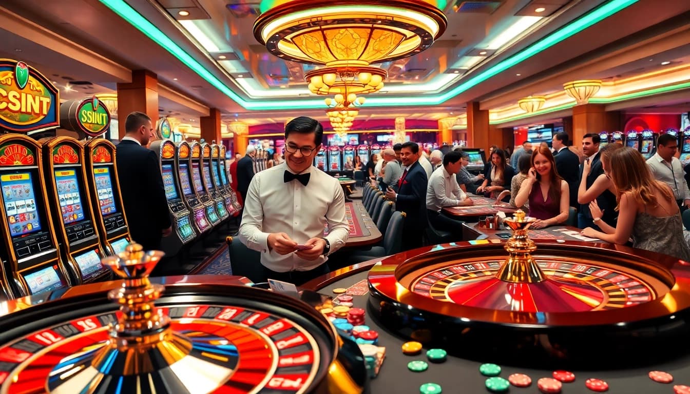 Engaging casino action scene with 79king2.sa.com theme, featuring dealers, slot machines, and vibrant gameplay.