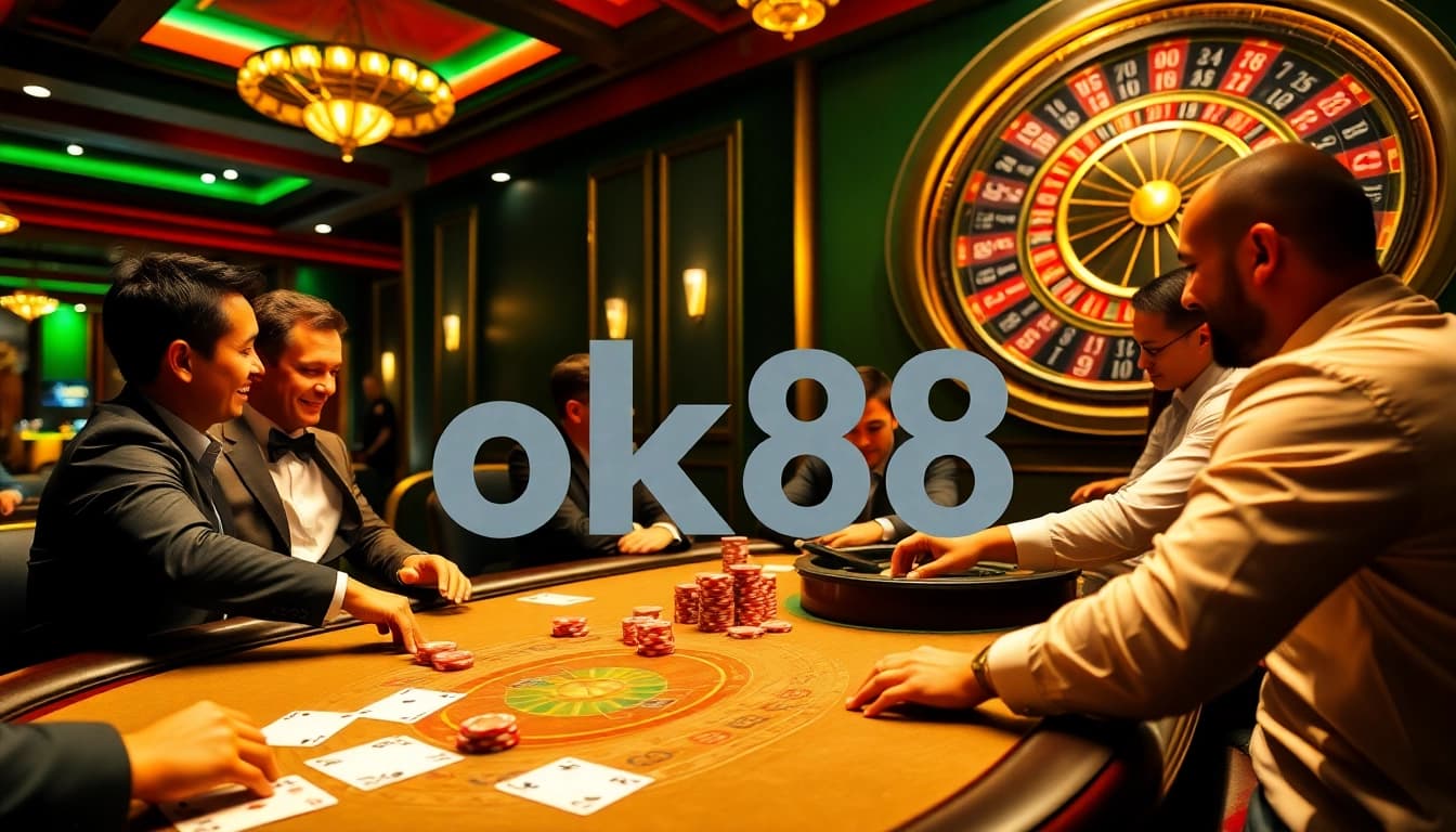 Players enjoying poker at ok88 casino with vivid poker chips and cards on a lively table.