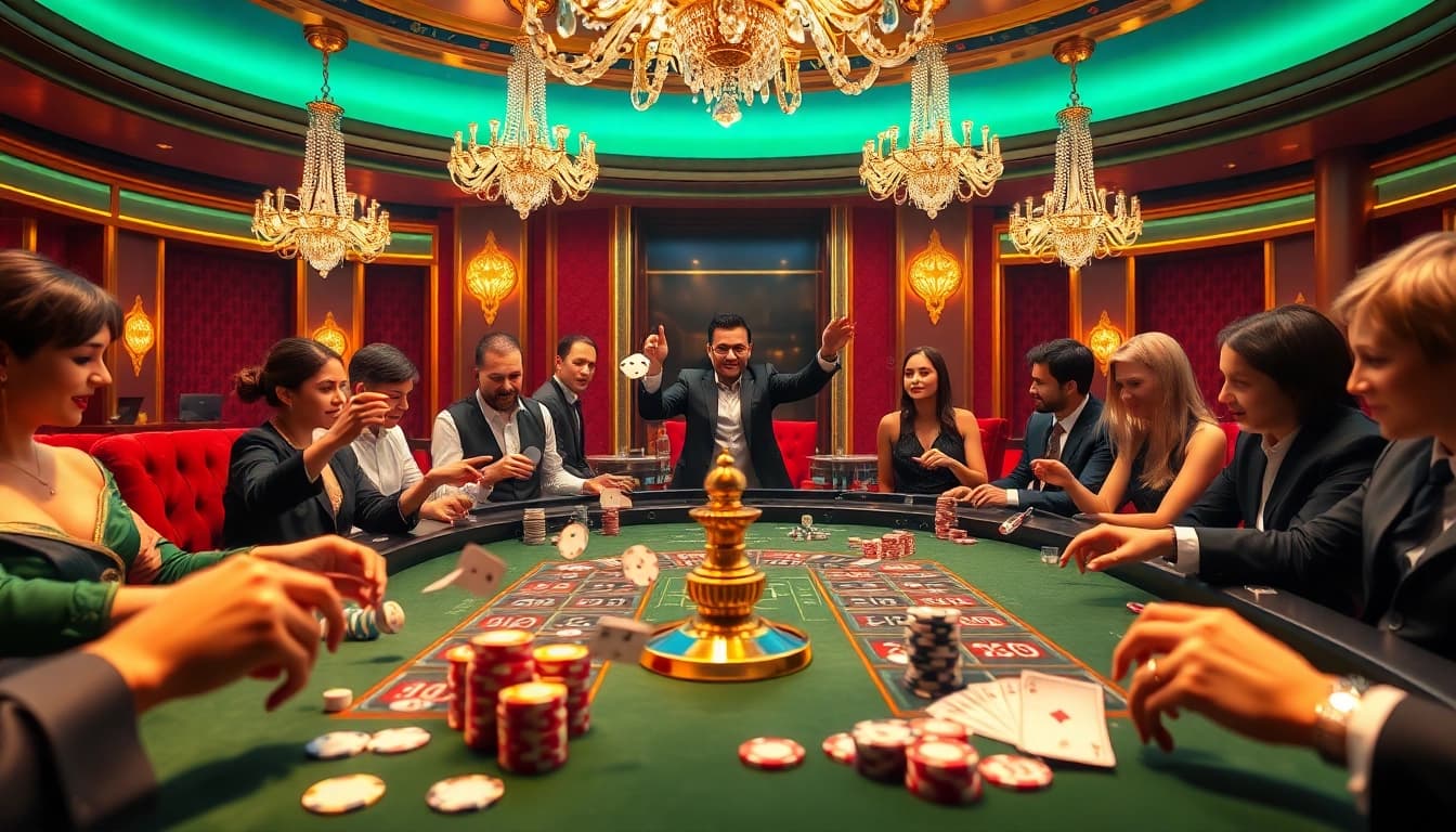 Experience the thrill of the Lc 88 casino table surrounded by excited players and vibrant roulette wheels.
