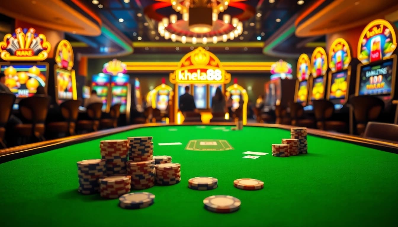 Khela88 players engaging in a thrilling casino experience with poker chips and cards.