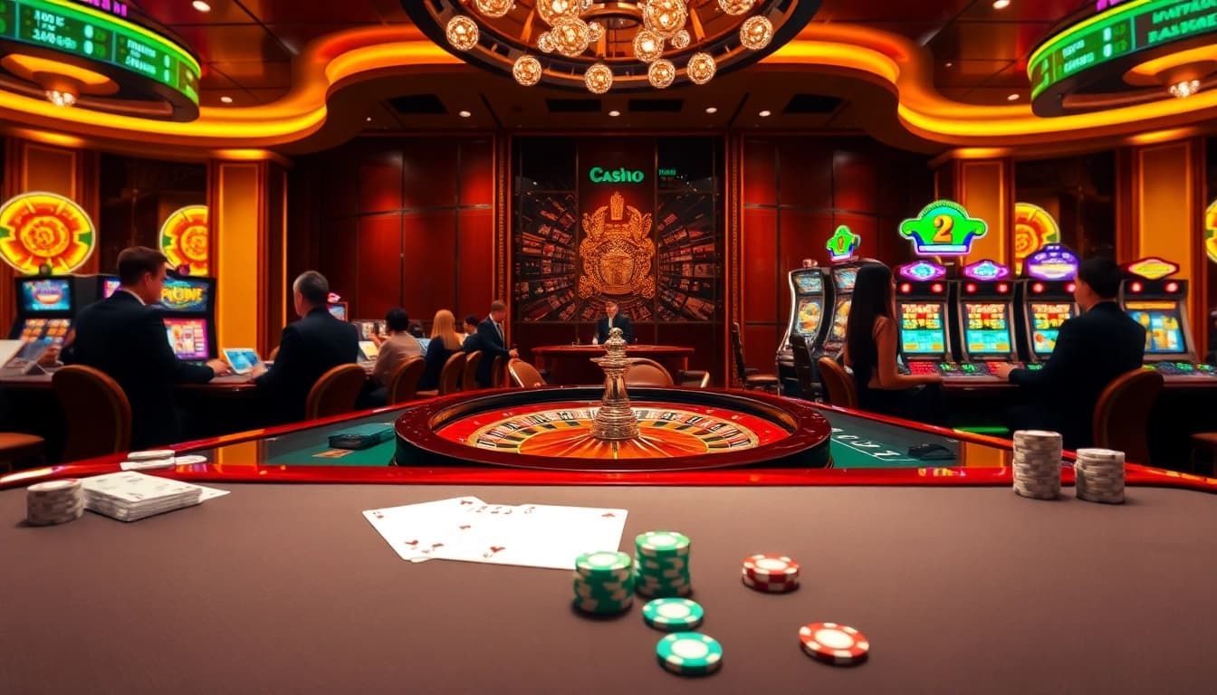 GO8 gaming table scene showcasing excitement with colorful slot machines and a spinning roulette wheel