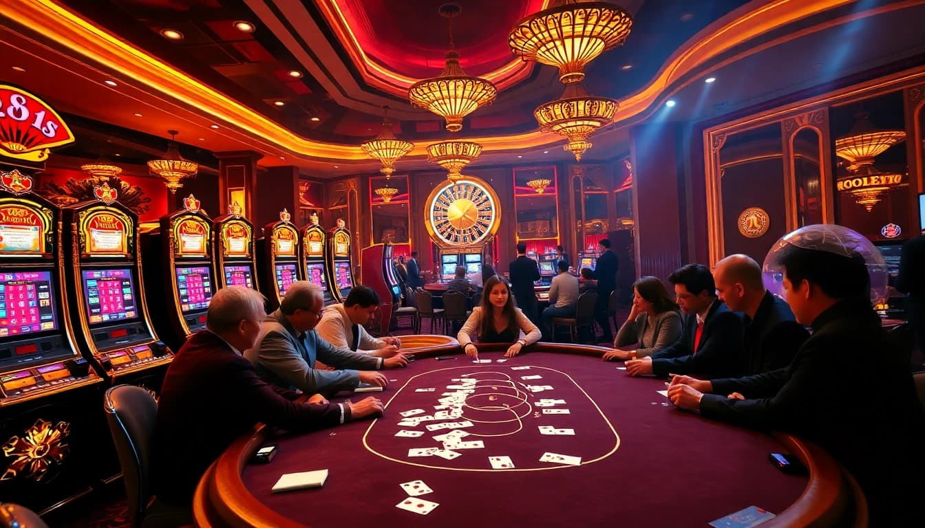 Players enjoying a thrilling gambling experience at GOOD88 casino with poker and slot machines.
