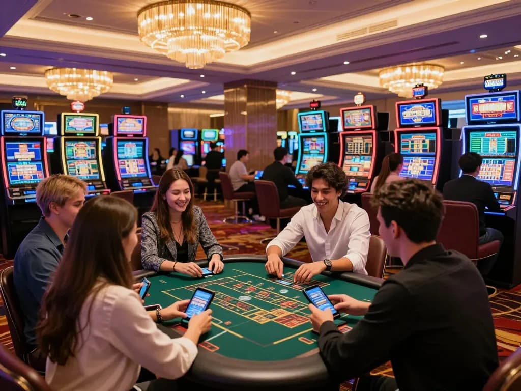 Engaged players enjoying live betting at 388bet in a modern casino atmosphere.