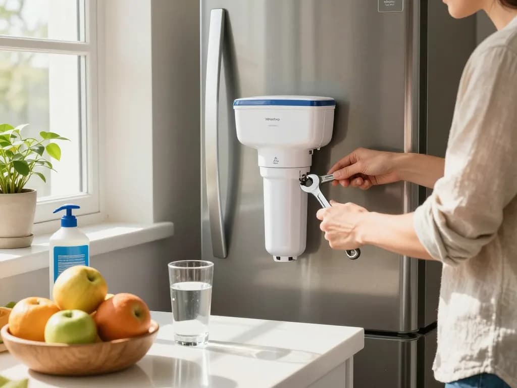 Person installing Waterdrop 4396508 Replacement for Whirlpool® 4396510 water filter in a modern kitchen with fresh water and fruits.