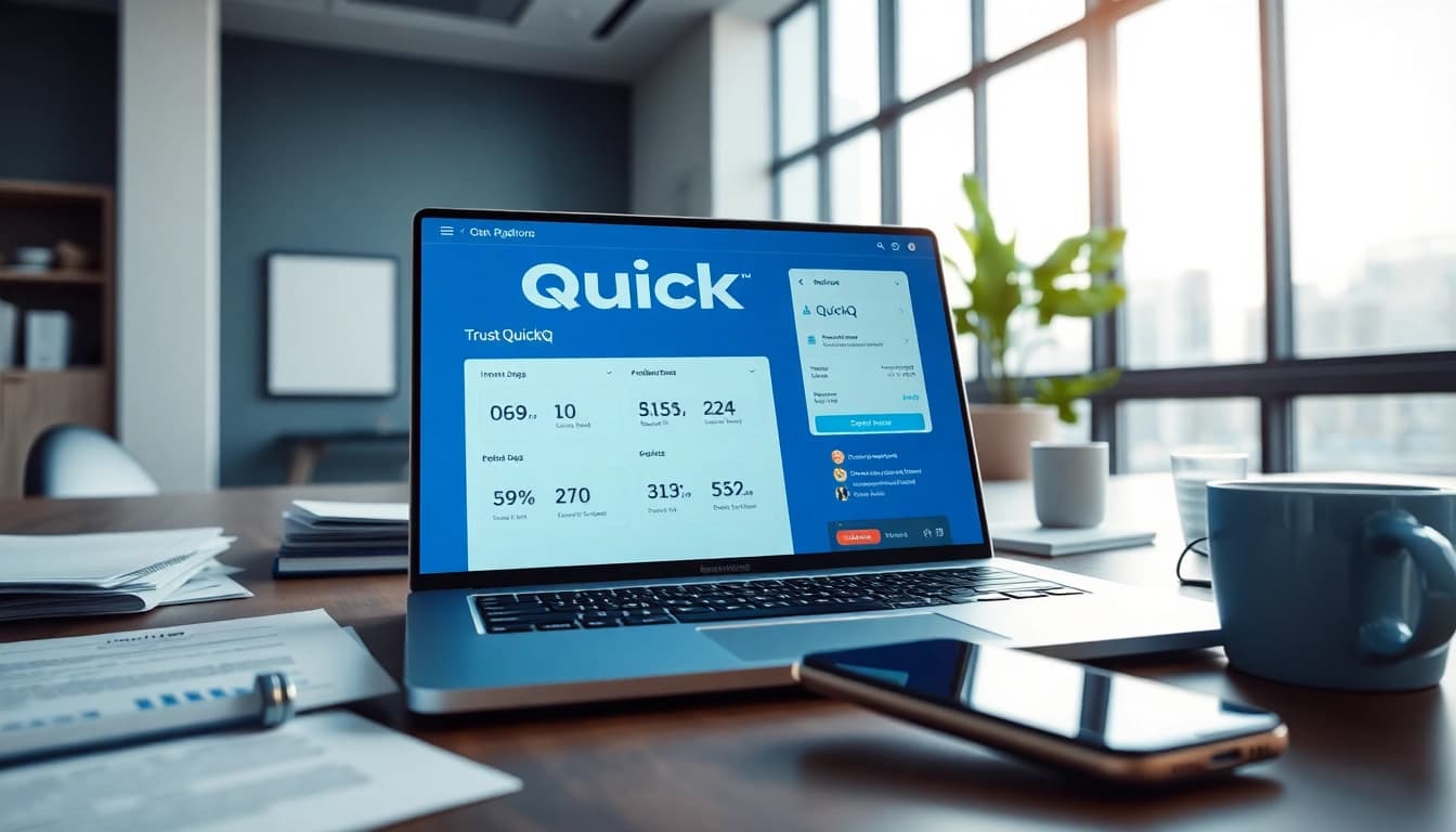 在笔记本电脑上展示 QuickQ 应用的现代工作空间中体验 QuickQ 电脑版。