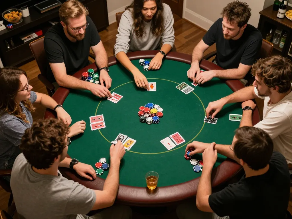 Players analyzing dark web links during a competitive poker game, showcasing strategic decision-making and camaraderie.