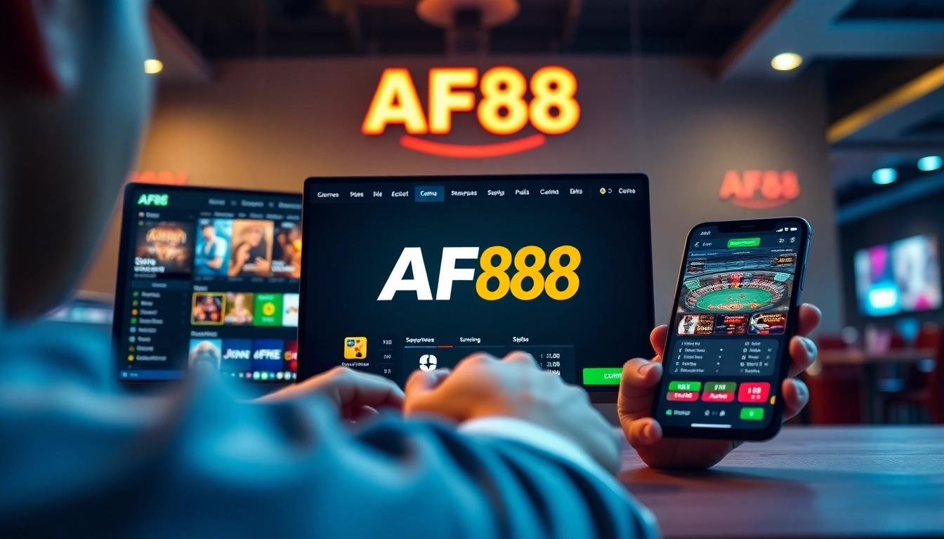 Interactive AF88 online betting experience on desktop and mobile screens, highlighting user-friendly design and game options.