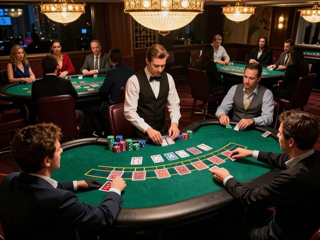 Taisunwin players strategizing at a blackjack table in an upscale casino.