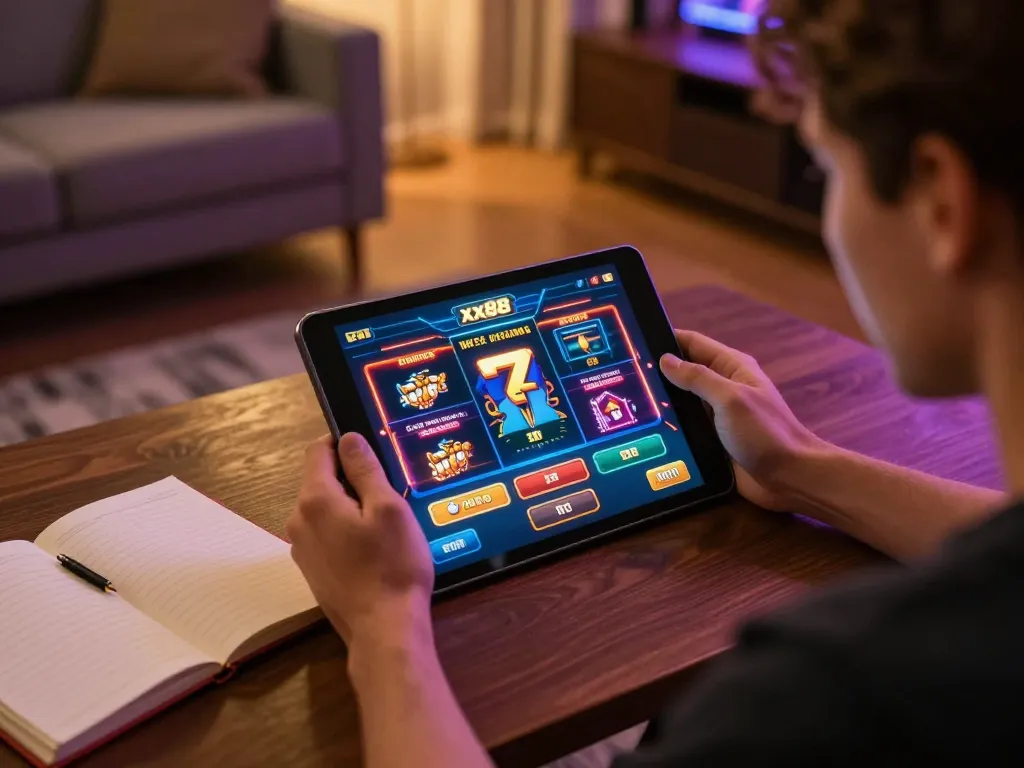Player engages with the xx88 ac online gaming platform, showcasing excitement and strategic focus in a cozy setting.