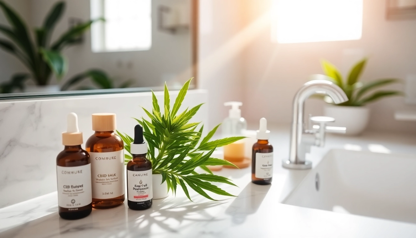 Apply CBD oil for skin with natural skincare products arranged beautifully.