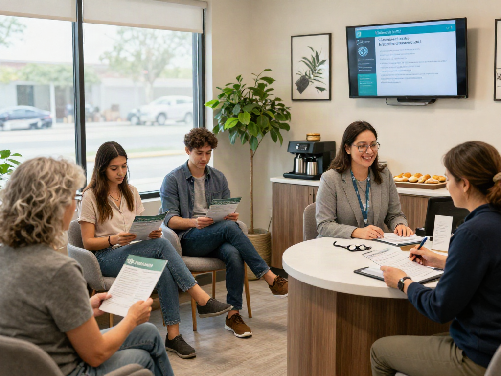 Online medical card Texas patients gather in a welcoming clinic, exploring services.