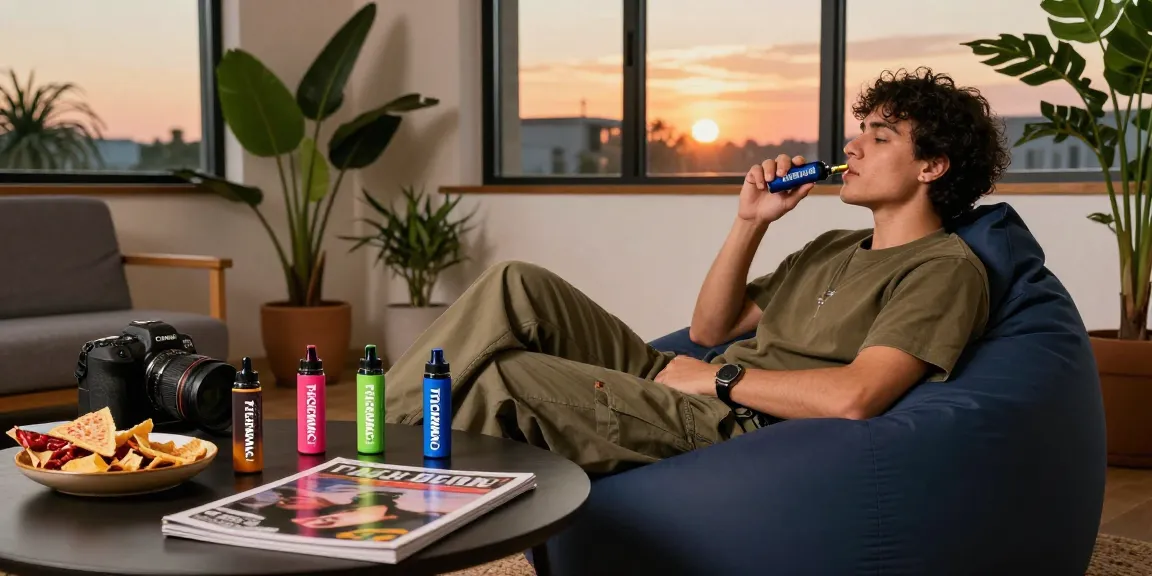 Relaxing with THC vape PackMan e-liquid in a cozy lounge
