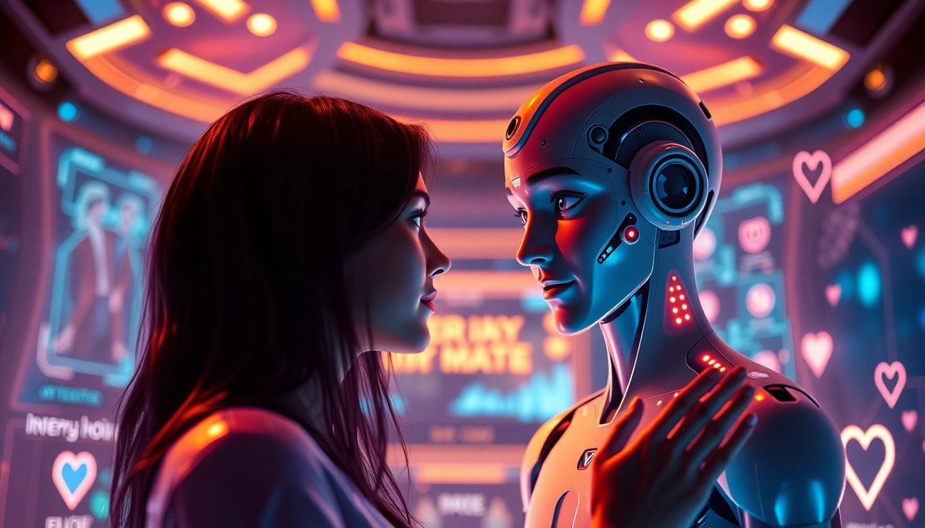 Engaging scene of ai porn chat with lifelike AI avatars and futuristic digital interfaces.