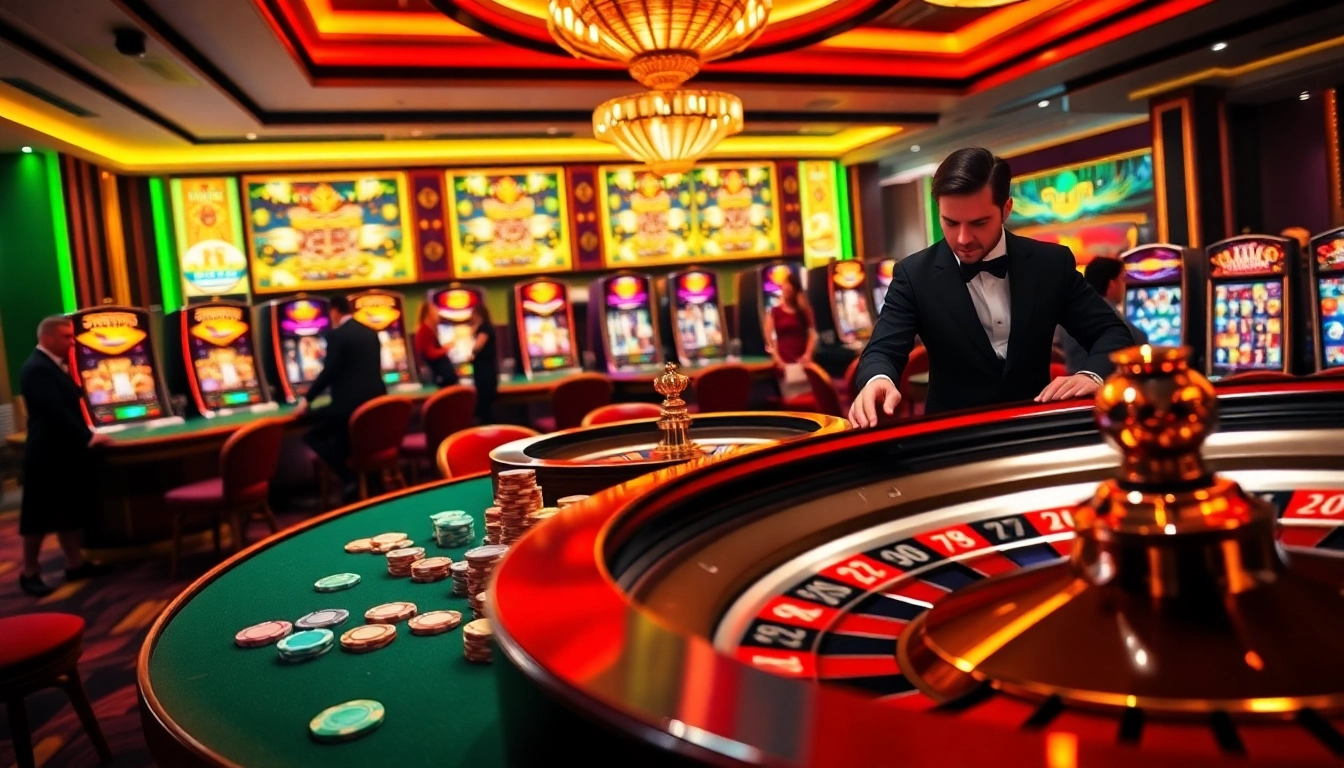 Vibrant casino scene showcasing a trusted gambling platform, nhà cái uy tín, with engaging gaming tables and slot machines.