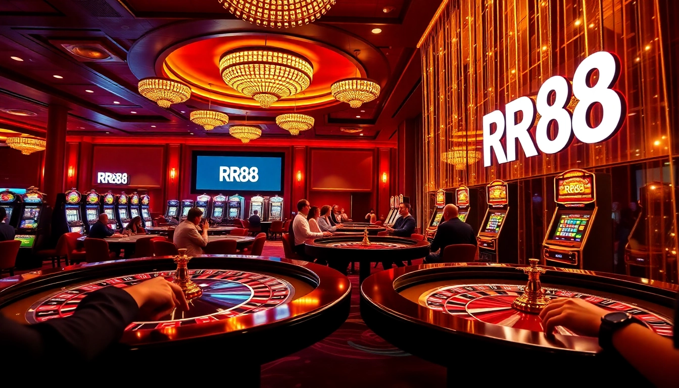 Play exciting games at RR88 casino with vibrant slot machines and roulette tables.