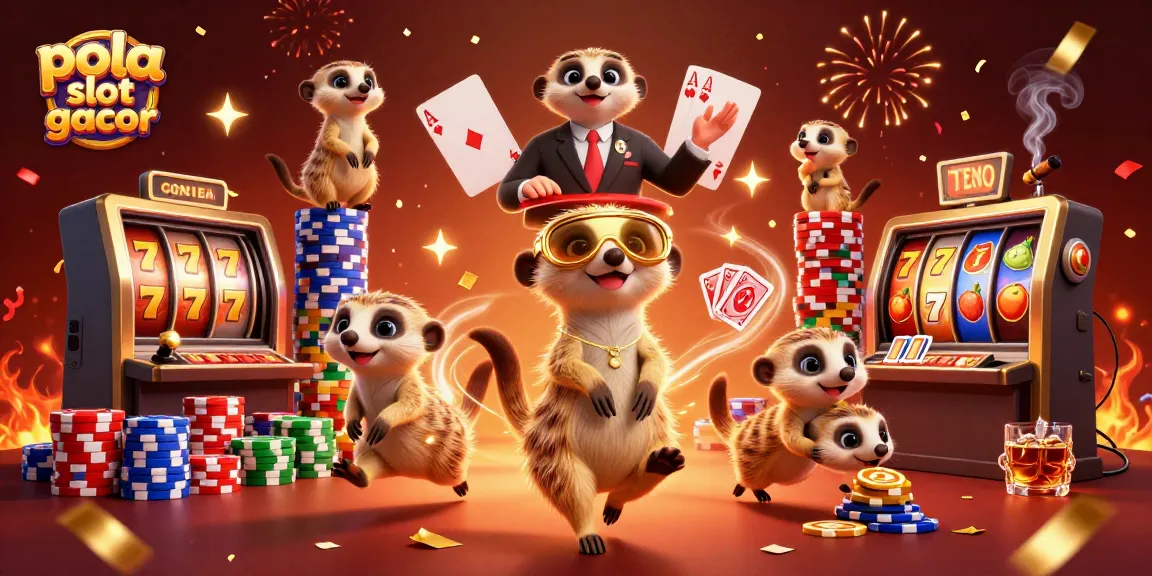 Pola slot gacor illustrated with spirited meerkats managing a vibrant casino operation amidst a festive backdrop.