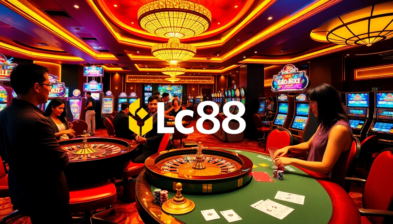 Experience the thrill of winning at Lc88 with an exciting casino scene featuring roulette and poker.