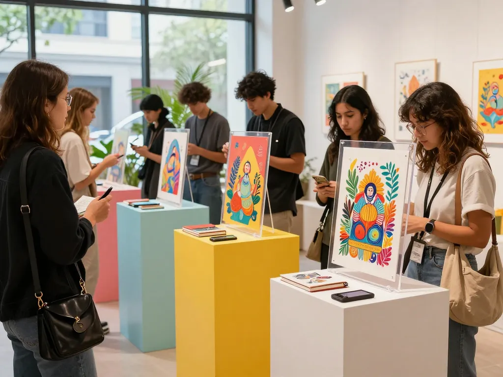 Custom acrylic standees showcased in an engaging exhibition, vibrant colors and unique designs attracting attention.