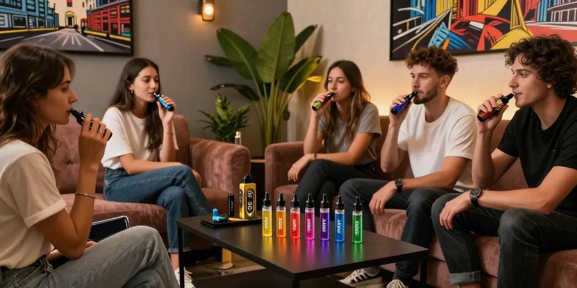 Cozy vaping lounge showcasing thc vapes uk delivery, with sleek cartridges and vibrant oils.