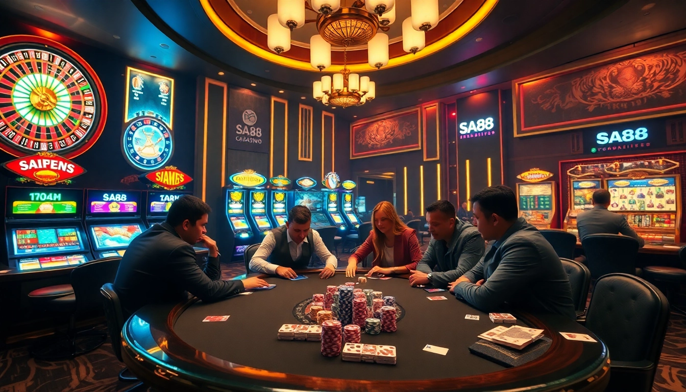 Experience the excitement of SA88 at a luxury casino table with vibrant poker chips and cards.