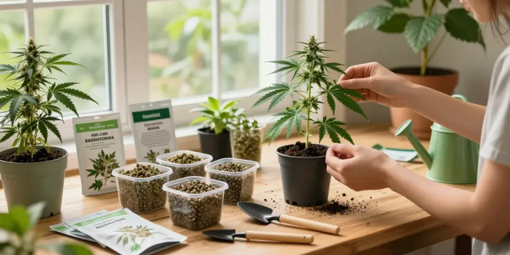 Discovering CBD cannabis genetics through quality seed examination in a nurturing gardening environment.