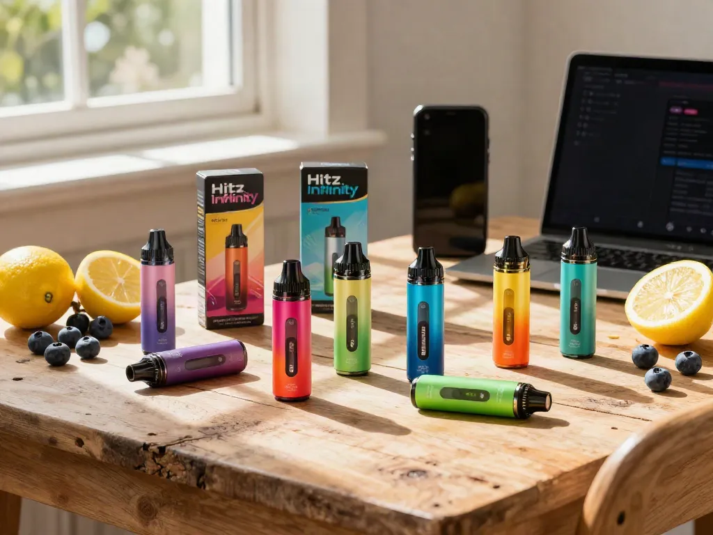 Discover the vibrant flavors of Hitz infinity Gen 7 disposable vapes displayed with fresh fruits on a rustic table.