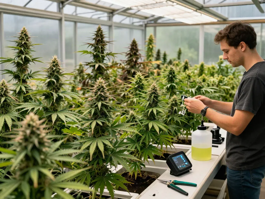 Triploid cannabis plants reflecting next-generation genetics in a thriving greenhouse.
