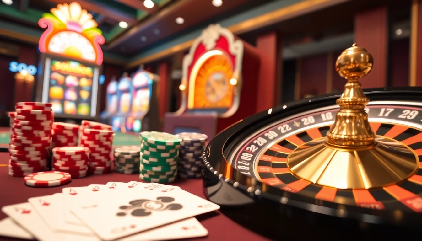SODO66 casino overview featuring luxurious poker chips, vibrant roulette wheel, and shining slot machine