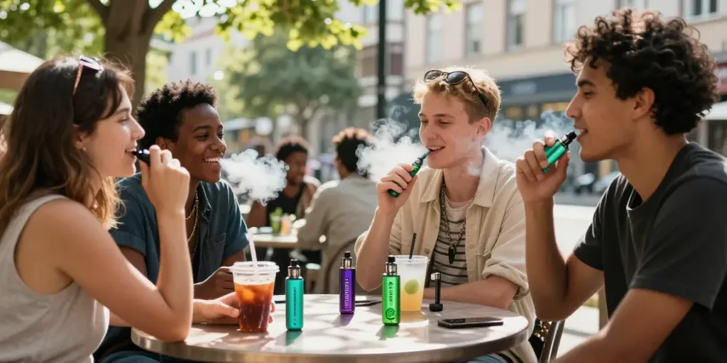 Al Fakher Grape Mint 8000 Vape, stilvoll genossen in urbanem Café-Ambiente mit Freunden und fröhlicher Atmosphäre.