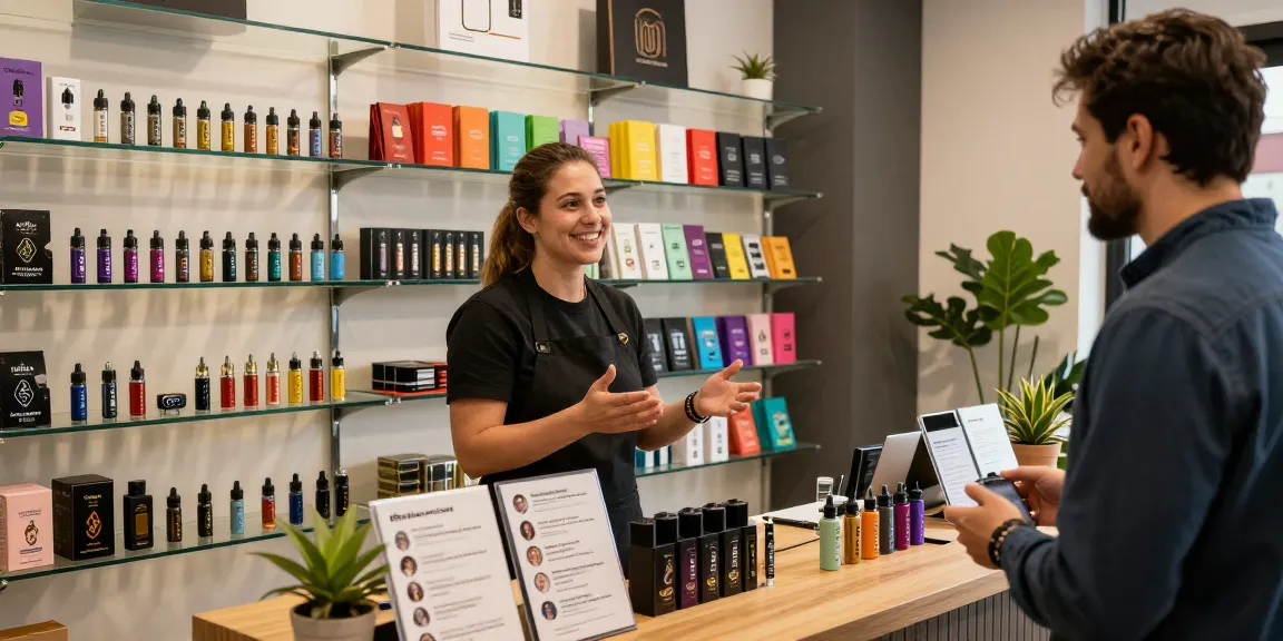 Muha med vape products displayed in a vibrant smoke shop with friendly staff.