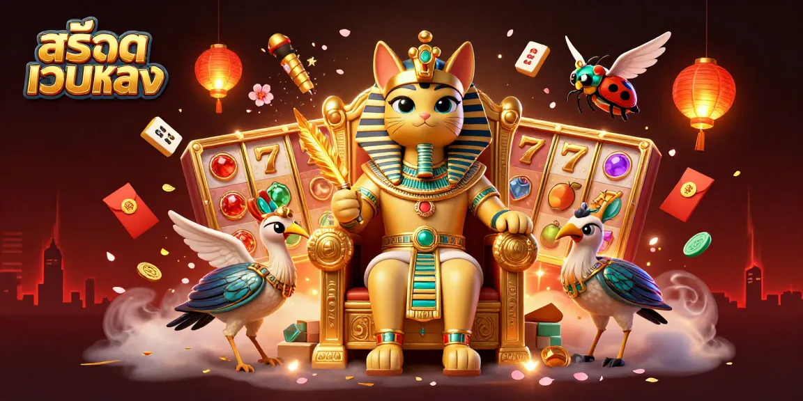Experience thrilling สล็อตเว็บตรง action with a festive casino scene featuring Egyptian cat royalty.