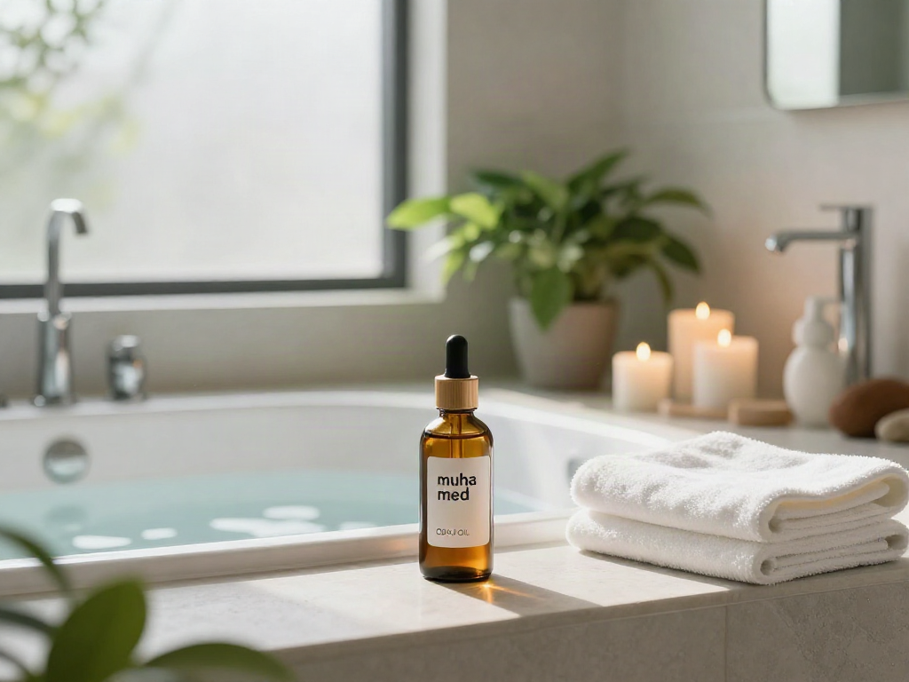 muha med CBD oil displayed in a peaceful spa-like bathroom with natural elements and soothing ambiance.