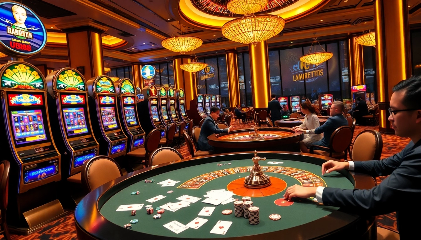 UU88 players engage at a luxurious casino table with vibrant slot machines.