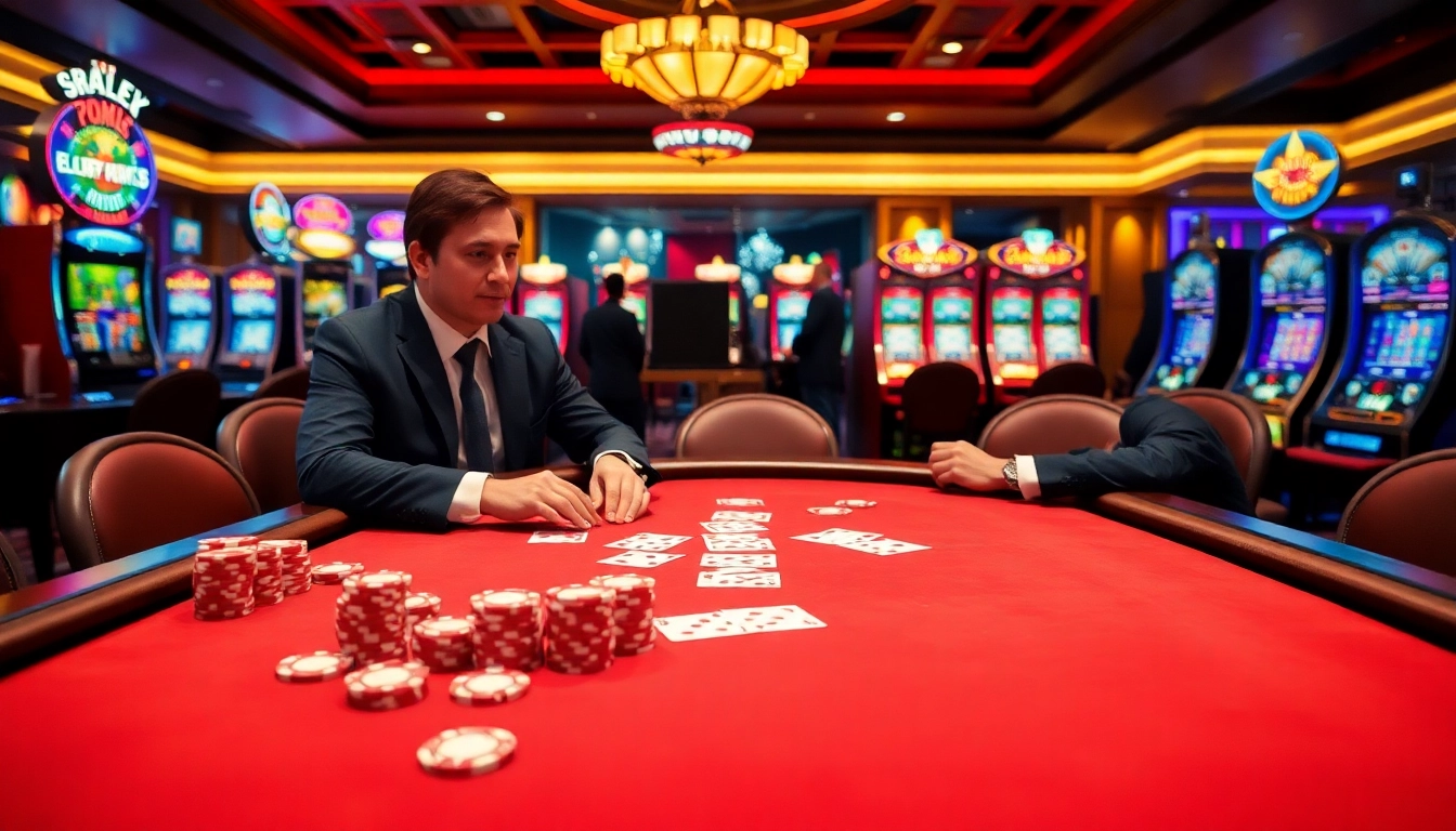 Exciting casino scene with a migration lawyer Melbourne discussing gambling strategies at a poker table.