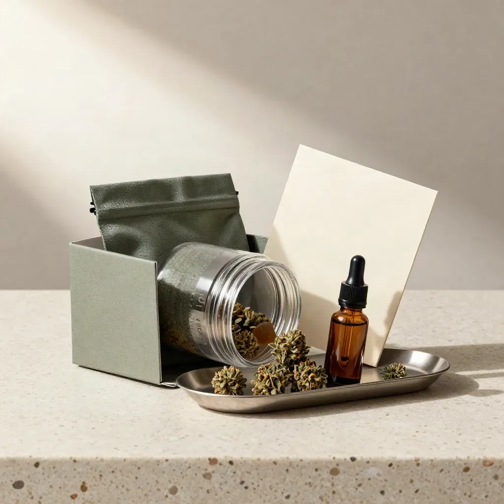 Starter bundle with gummies jar, flower pouch, tincture bottle and tray on pale travertine.