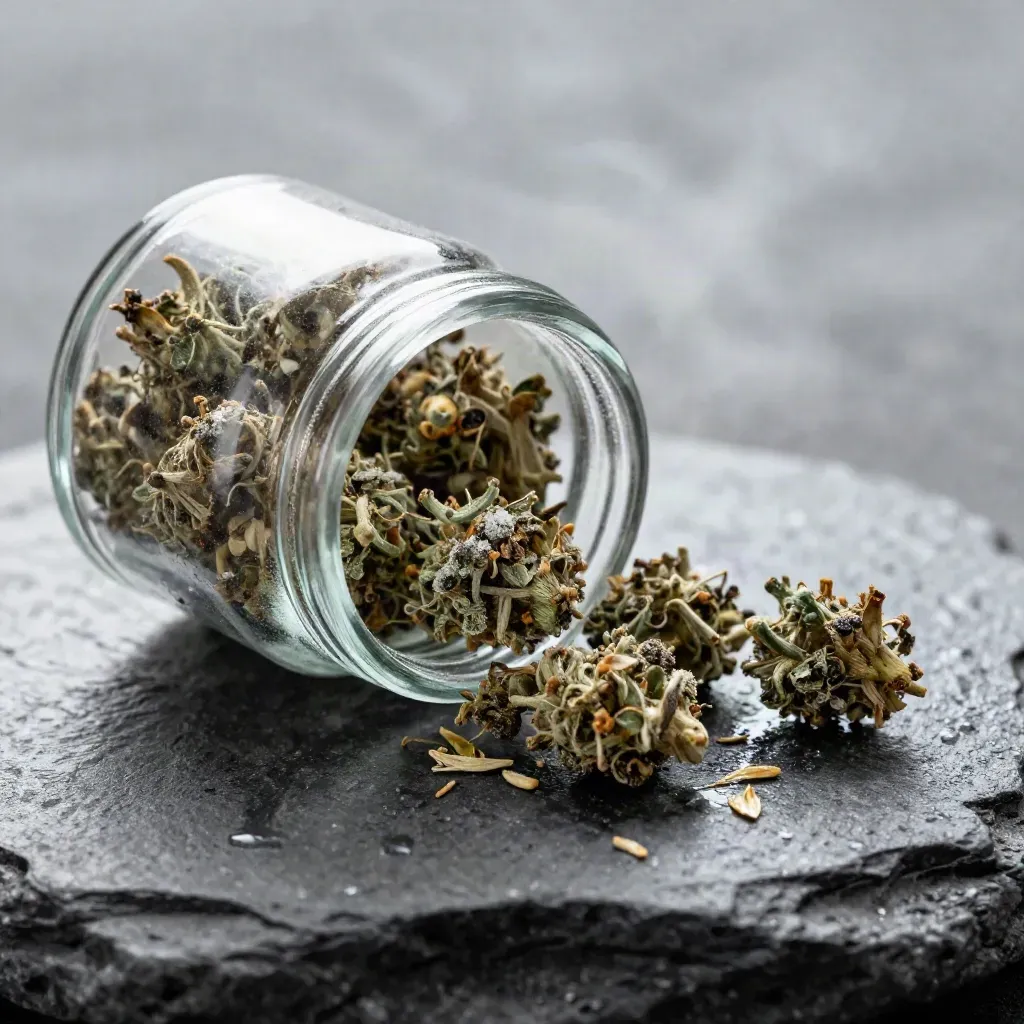 Macro of a hemp flower sampler jar with mixed buds spilling across wet stone in cool mist.