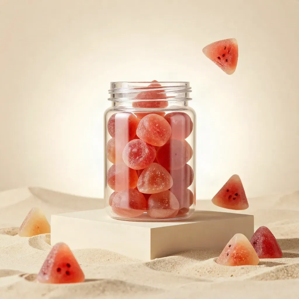 Clear jar of watermelon THC gummies with a few chews floating beside it on a beige plinth.