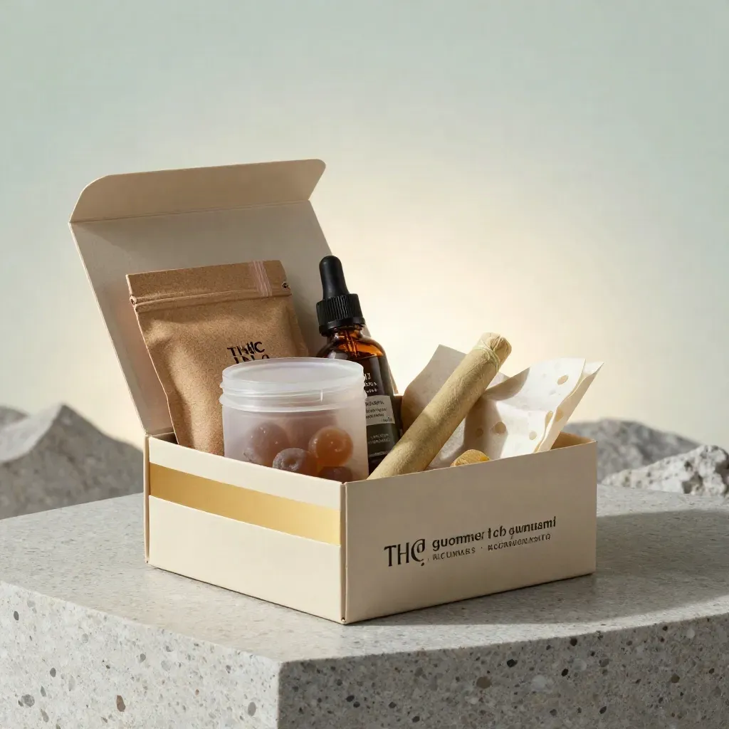 Open THC gummies starter bundle with hemp flower pouch, tincture bottle, and pre-roll tube on stone.