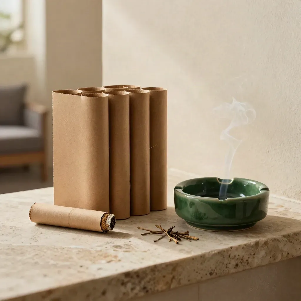 Kraft sleeve of pre-rolls beside a green ceramic ash dish, dried stems, and smoke on limestone.