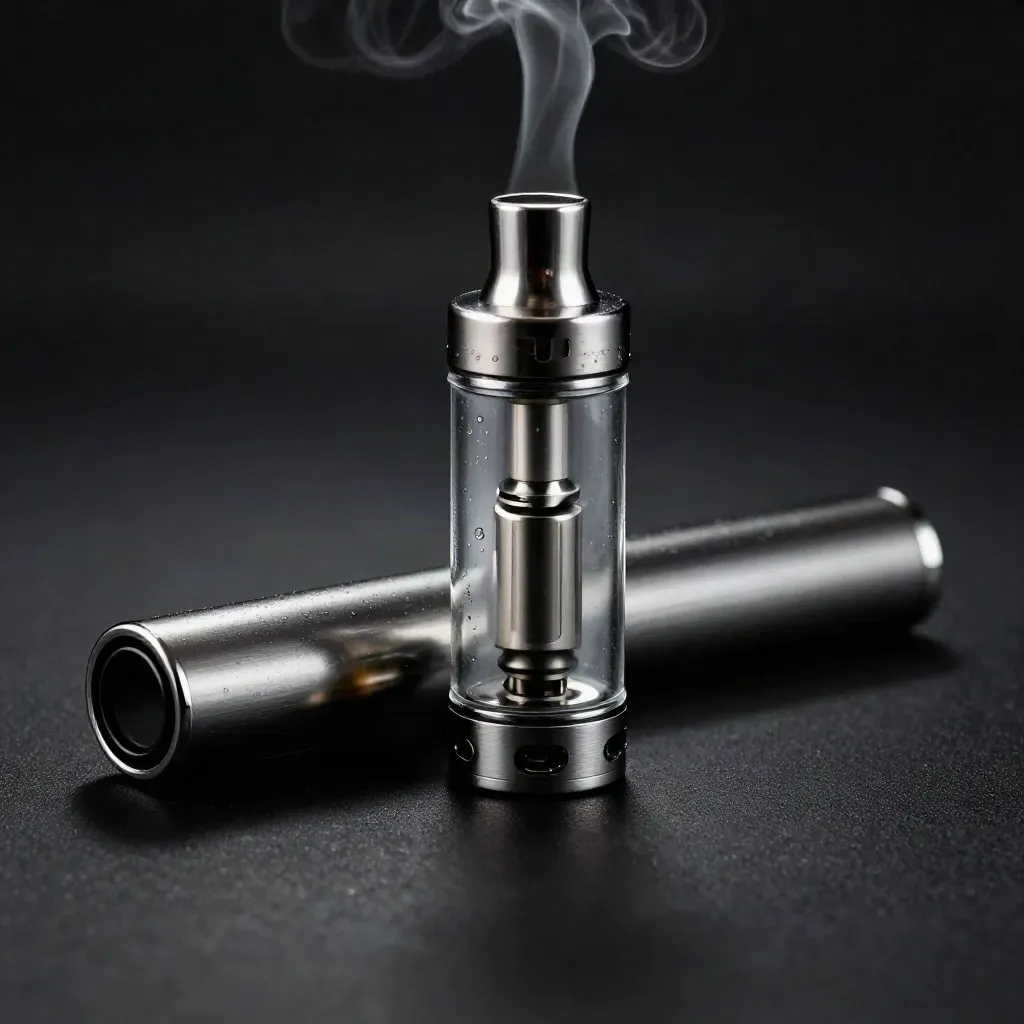 Dark macro of a mint vape cartridge and slim pen with vapor and cool rim light.