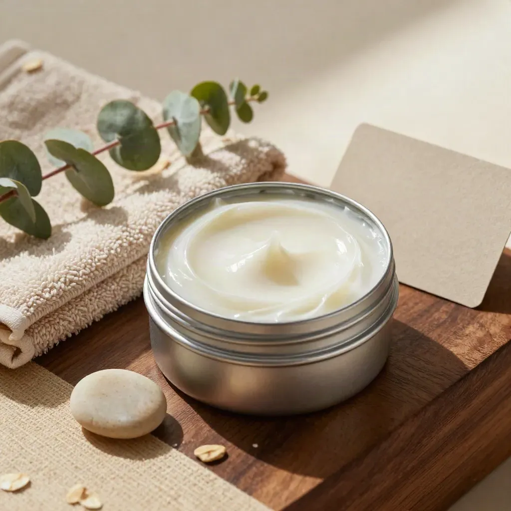 Open balm tin with towel, pebble, and eucalyptus on warm walnut surface