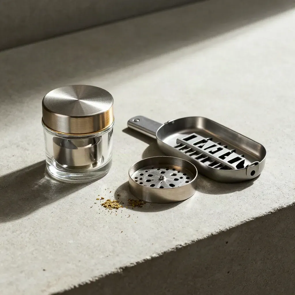 Glass grinder kit with tray, tube, and flakes on pale concrete, lit with warm gold highlights.